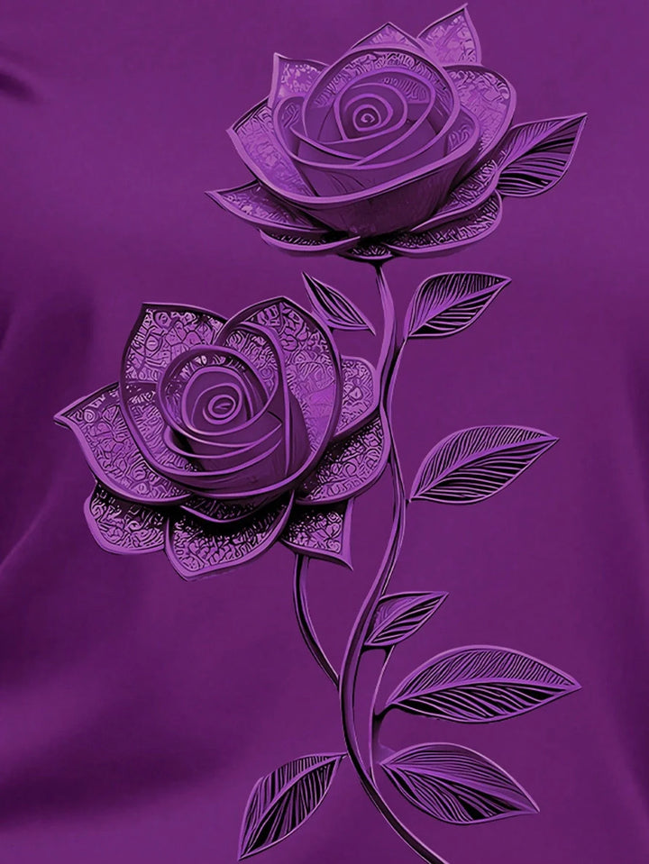 Women Purple Floral Print Round Neck Short Sleeve T-Shirt Summer Top