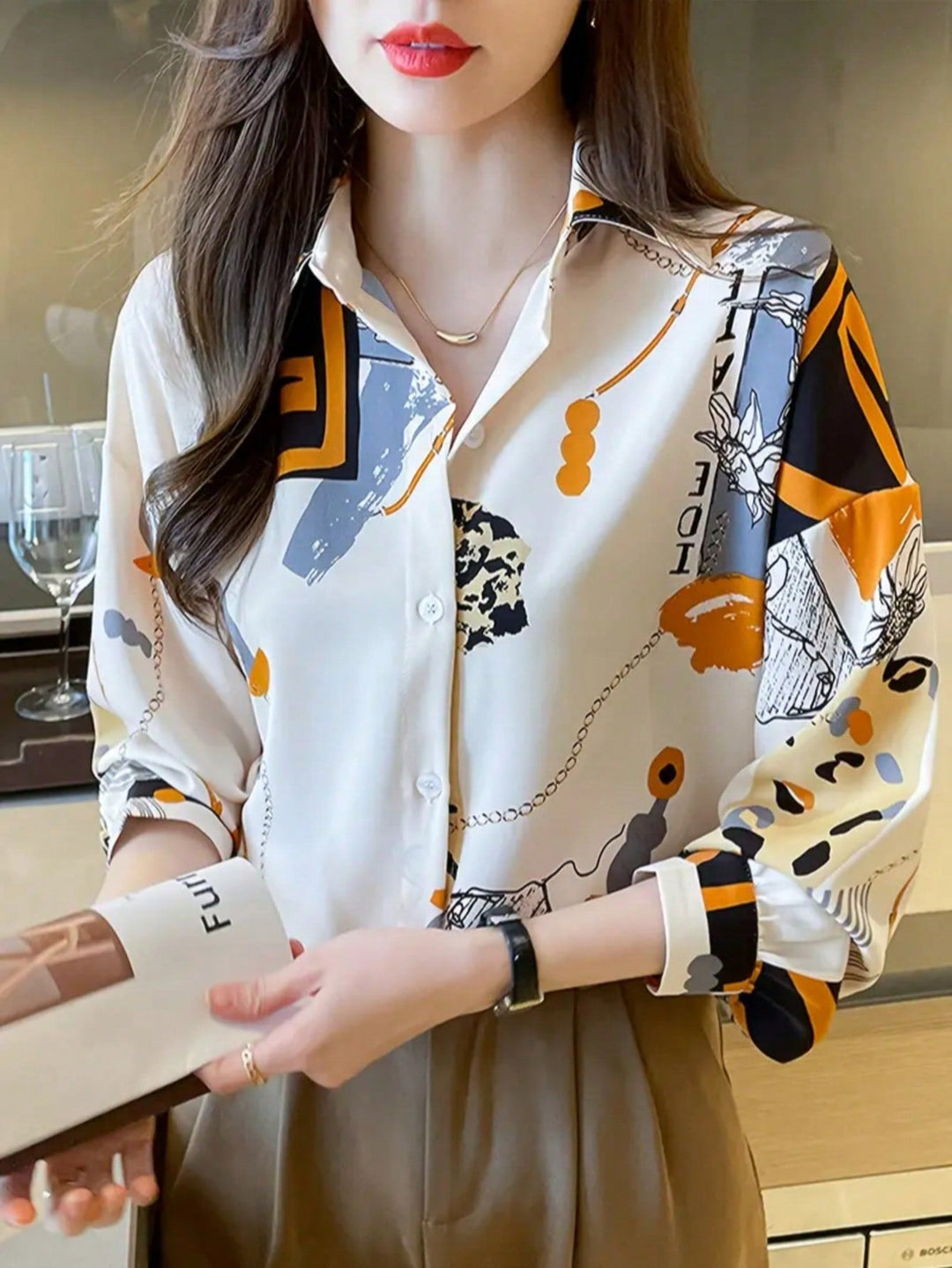 Women’s Casual Feather Print Elegant Long Sleeve Blouse – Ladies Top