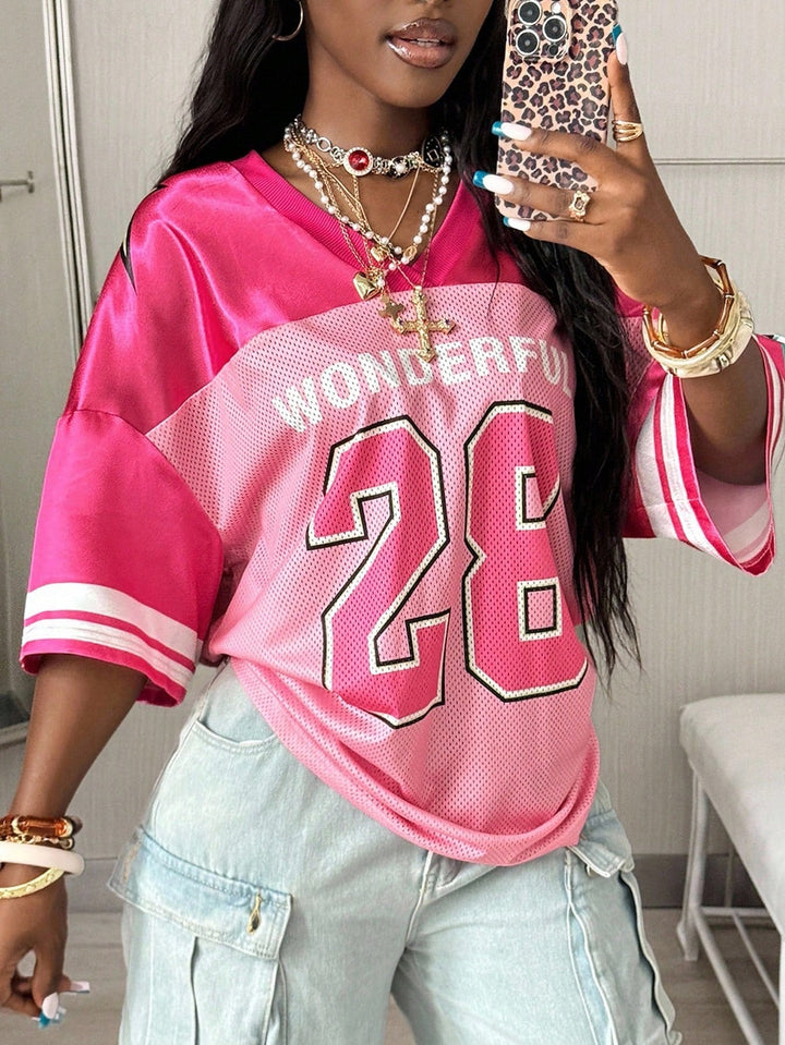 Womens Summer Mesh Baseball Jersey Number Print V Neck Sport Streetwear Top