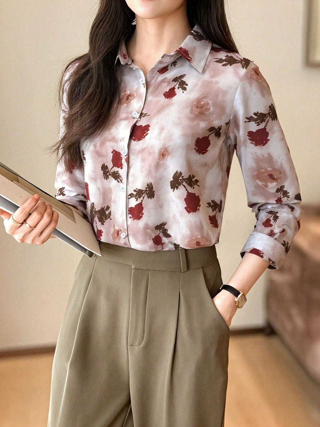Women’s Casual Feather Print Elegant Long Sleeve Blouse – Ladies Top
