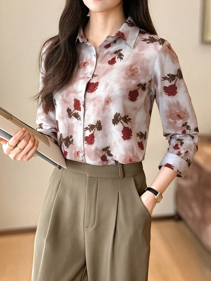 Women’s Casual Feather Print Elegant Long Sleeve Blouse – Ladies Top