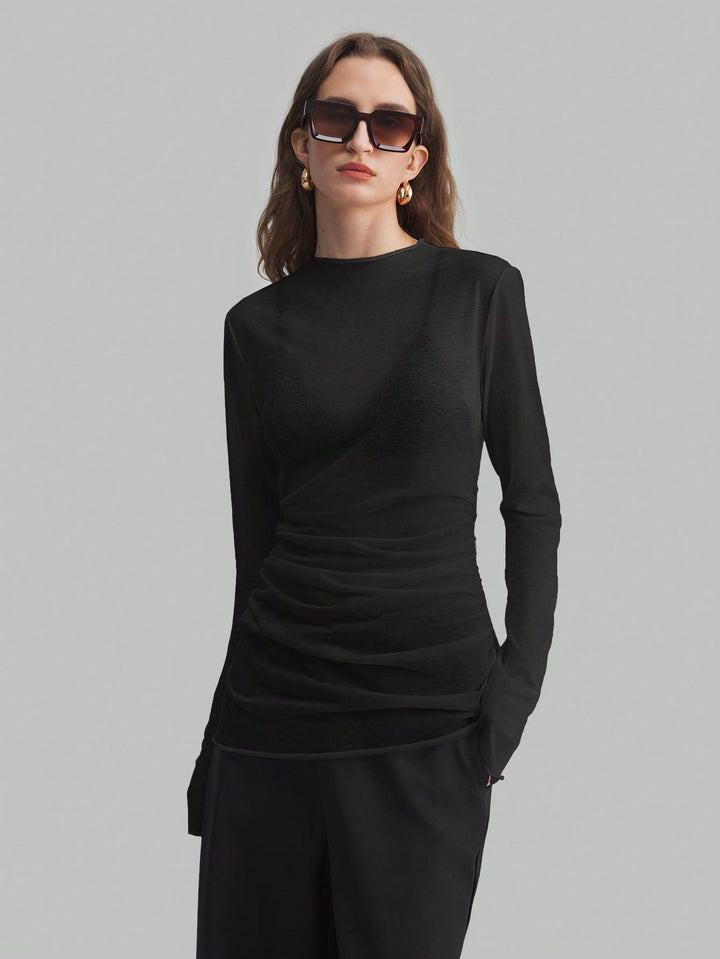 Women’s Sheer Mesh High Neck Long Sleeve Blouse – Versatile Style