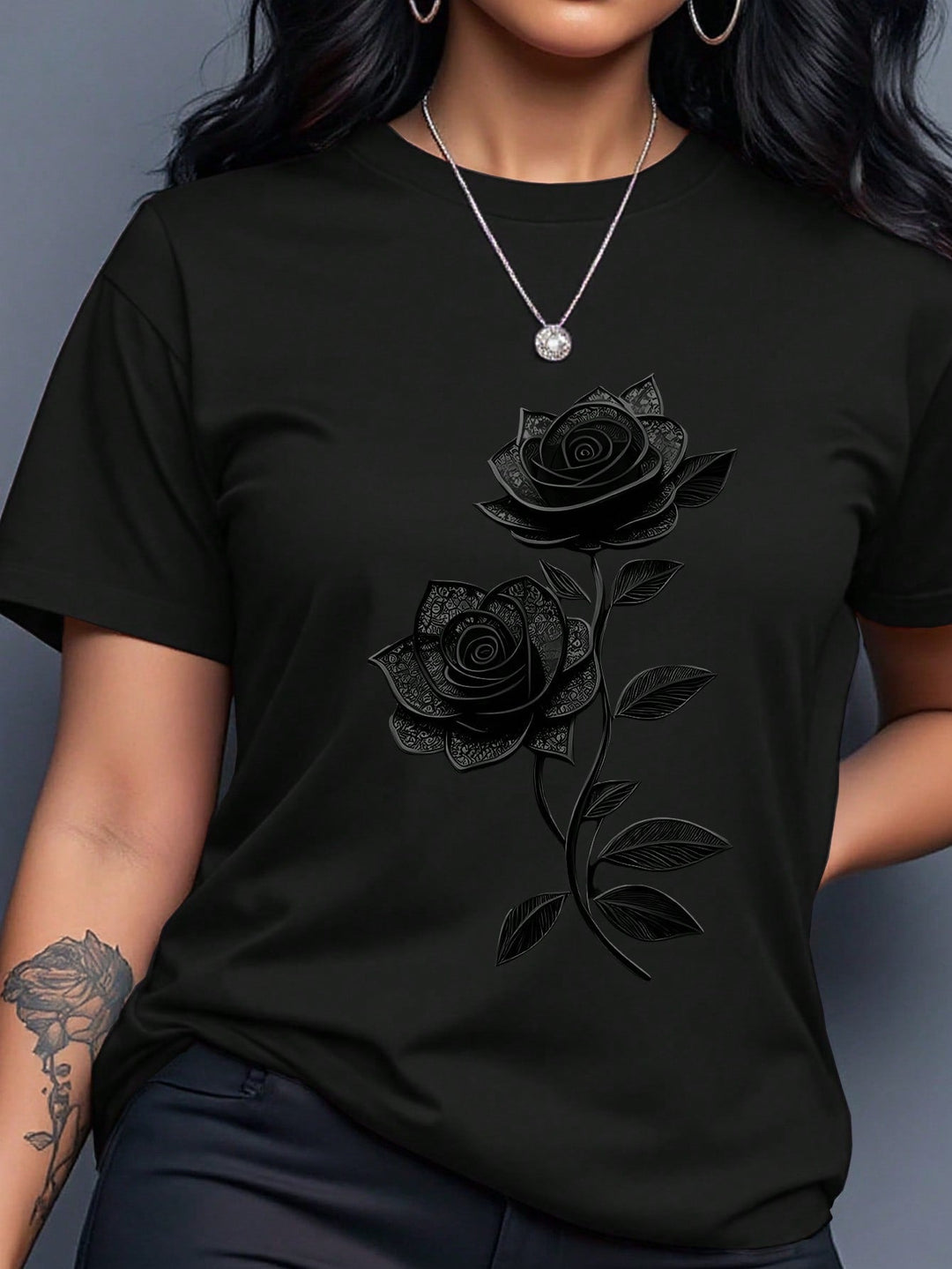 Women Purple Floral Print Round Neck Short Sleeve T-Shirt Summer Top
