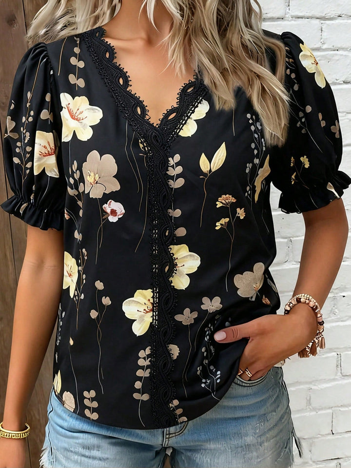Womens Vacation Floral Print Contrast Lace Puff Sleeve Short Sleeve Shirt Top