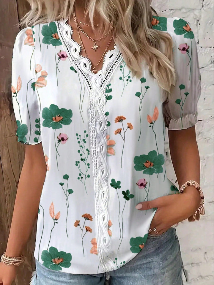 Womens Vacation Floral Print Contrast Lace Puff Sleeve Short Sleeve Shirt Top