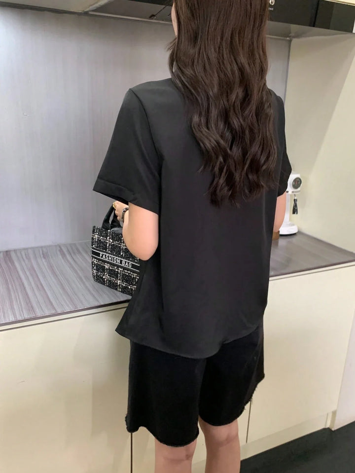 Womens Elegant Black Blouse Mature Urban Style Spring Top