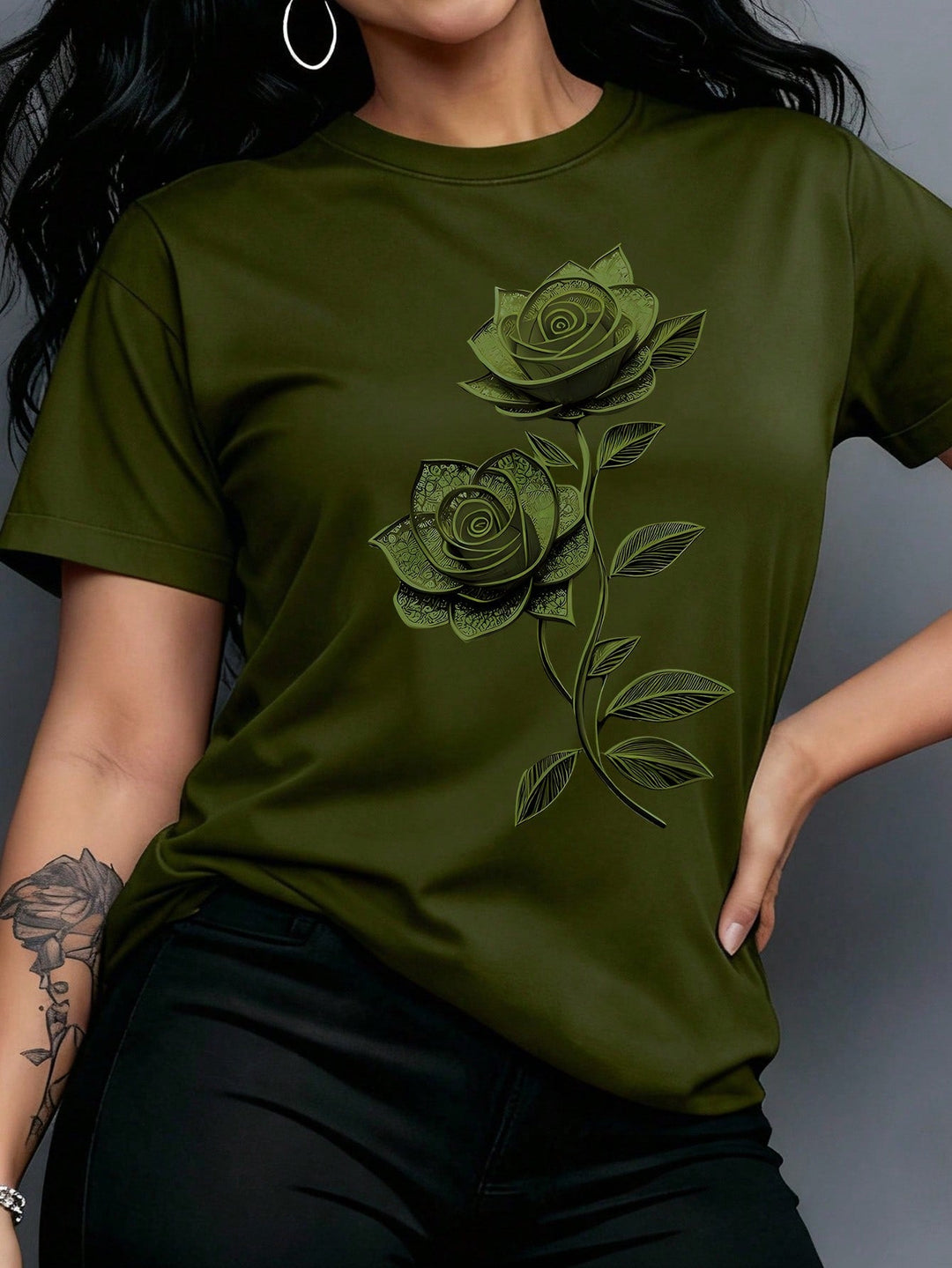 Women Purple Floral Print Round Neck Short Sleeve T-Shirt Summer Top
