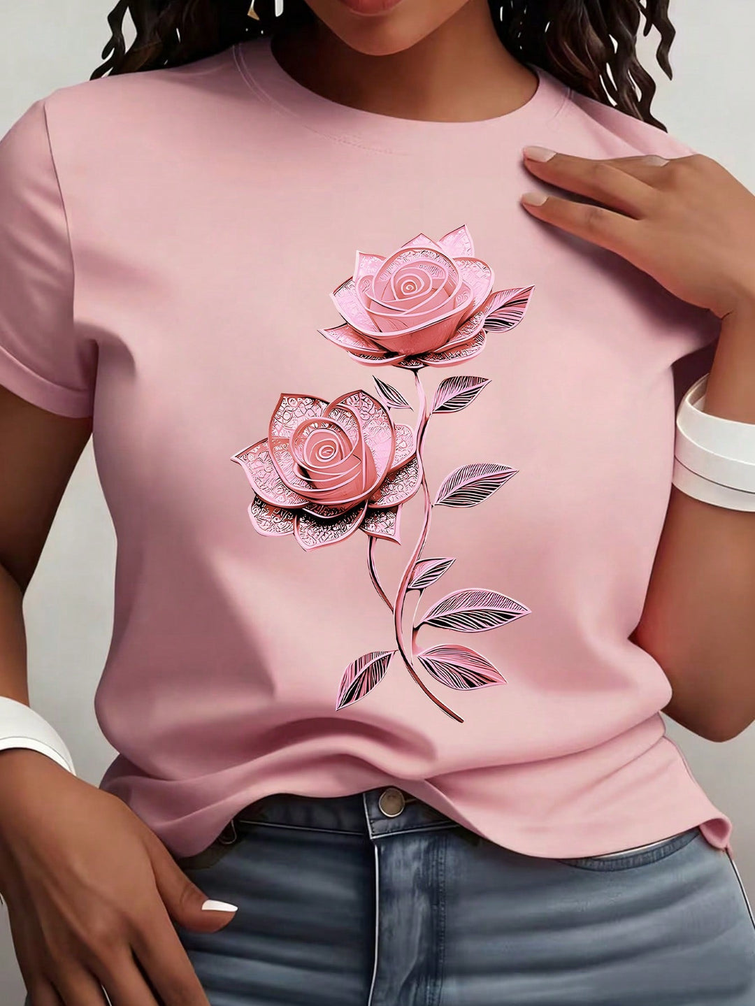 Women Purple Floral Print Round Neck Short Sleeve T-Shirt Summer Top