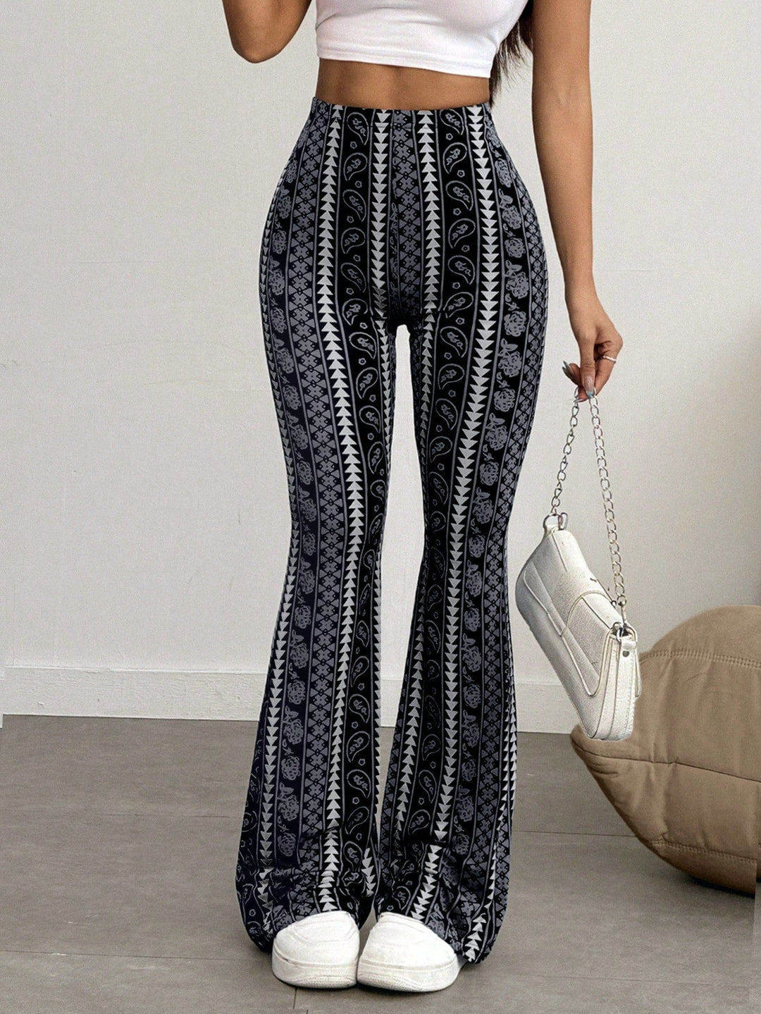 Women’s Casual Geometric Print Leggings Black Spring Bottoms