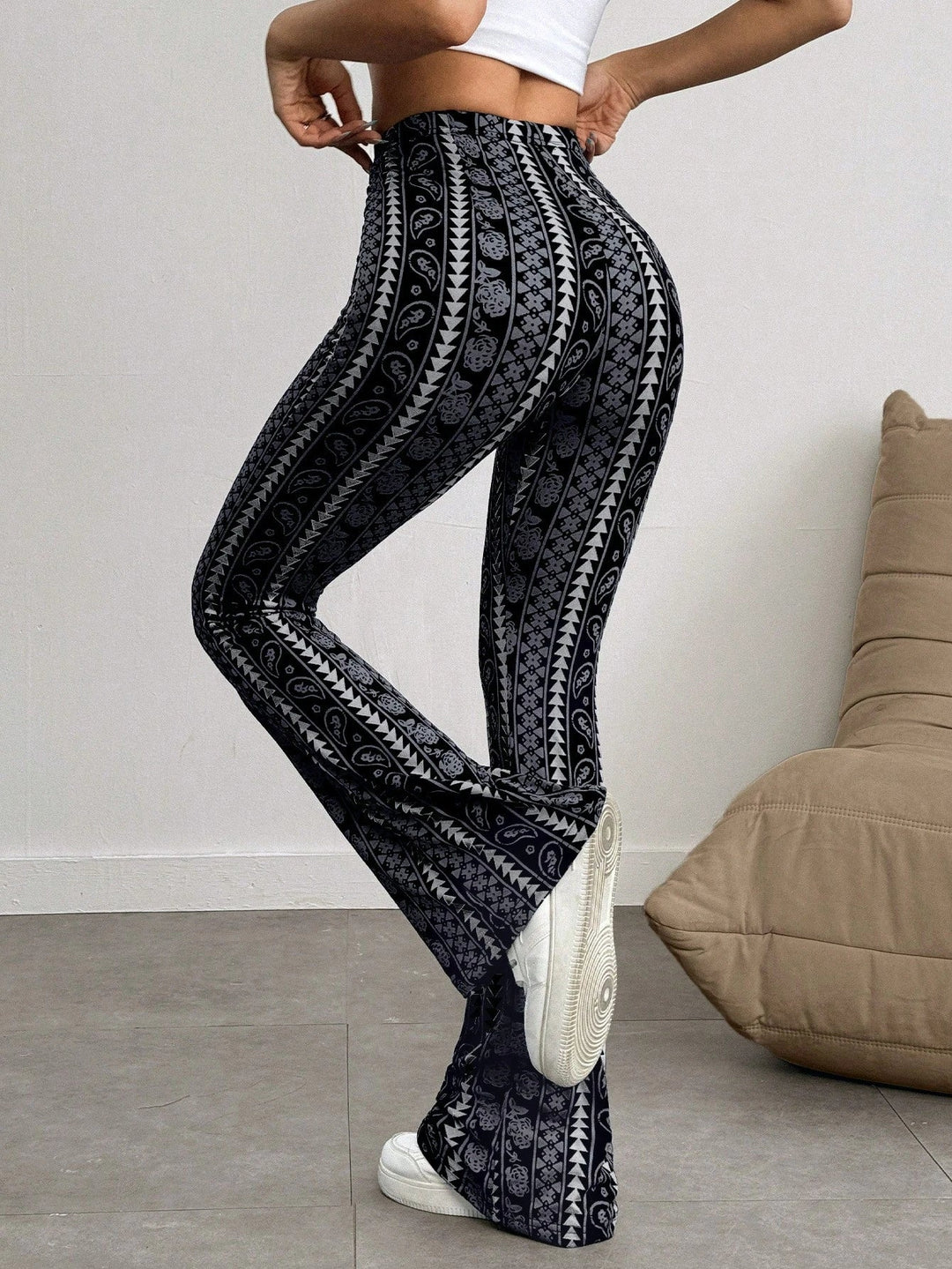 Women’s Casual Geometric Print Leggings Black Spring Bottoms