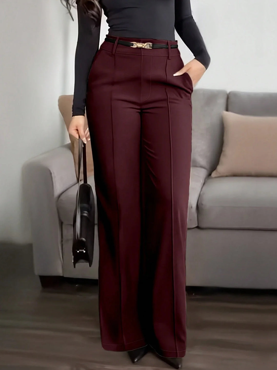 Womens Solid Straight Leg Suit Pants Zipper Pocket Casual Office Wear