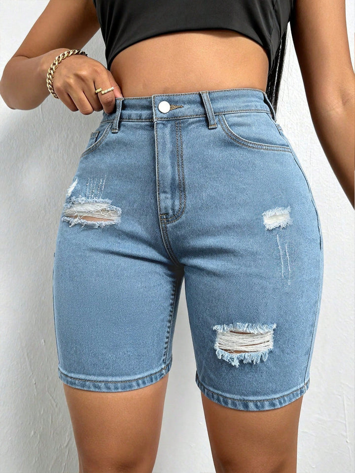 Women's Summer Casual Shorts For Cat Whisker Decor Elastic Skinny Denim