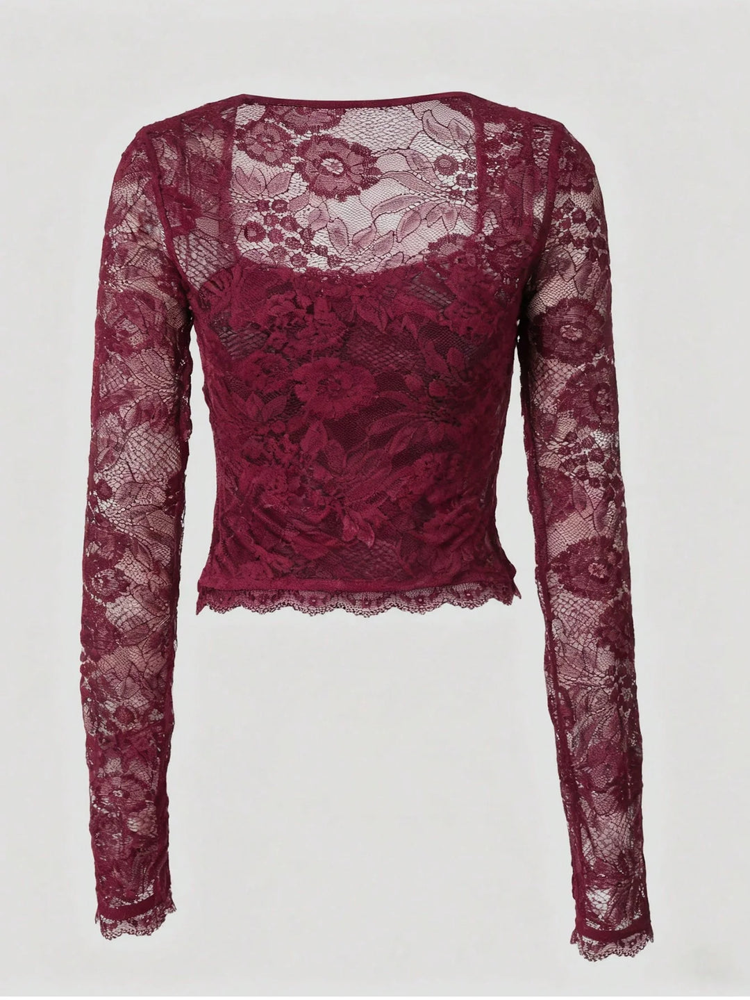 Women's Solid Color Lace Patchwork Long Sleeve Cropped T-Shirt