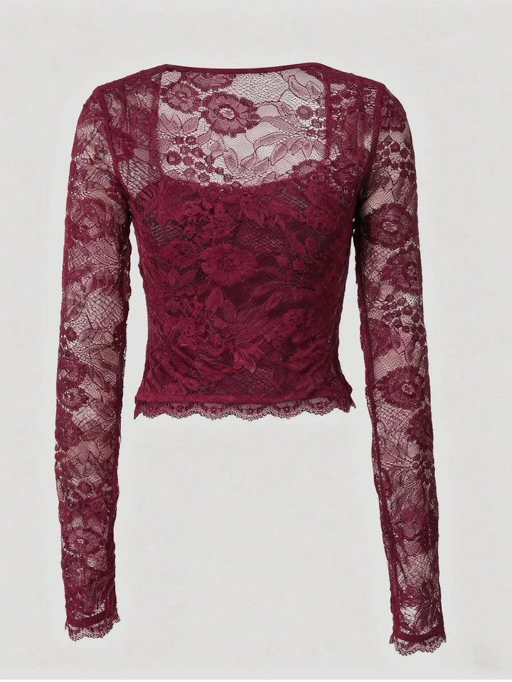 Women's Solid Color Lace Patchwork Long Sleeve Cropped T-Shirt