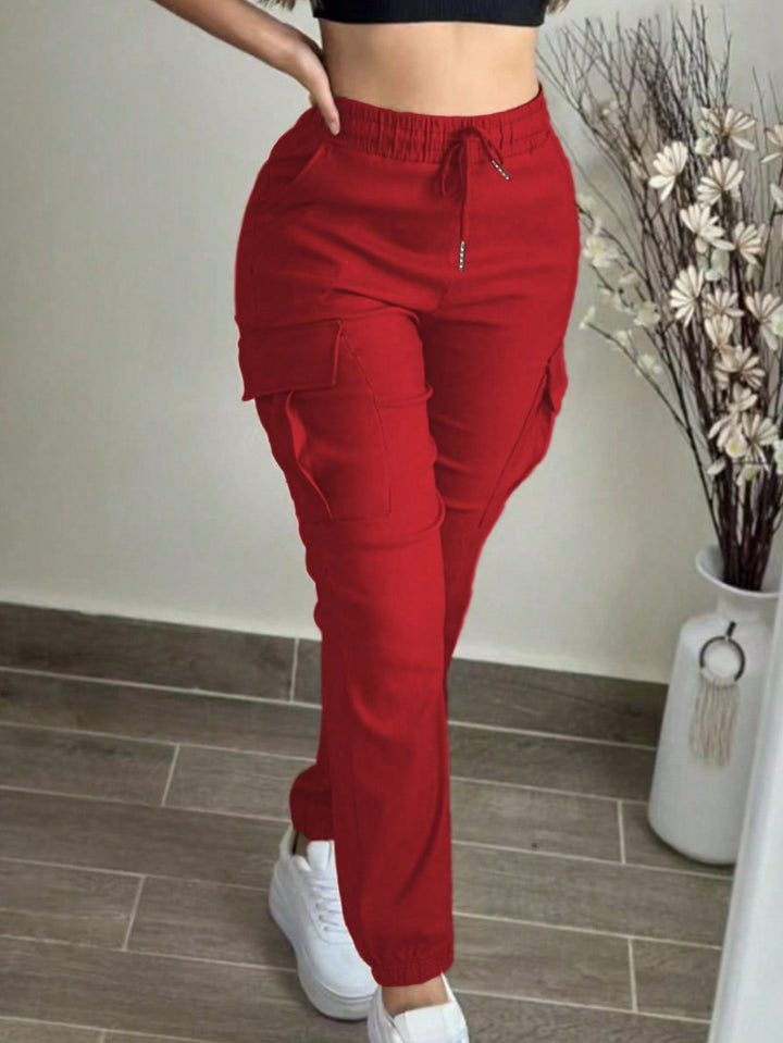 Womens Solid Cargo Pants Elastic Waist Drawstring Pocket Casual Spring