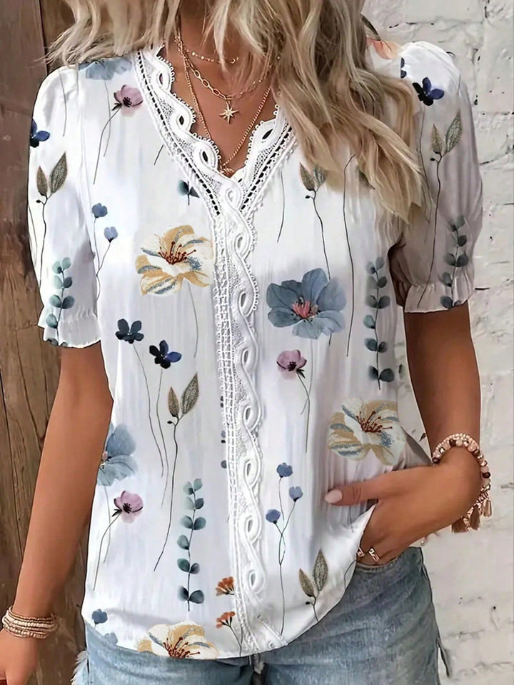 Womens Vacation Floral Print Contrast Lace Puff Sleeve Short Sleeve Shirt Top