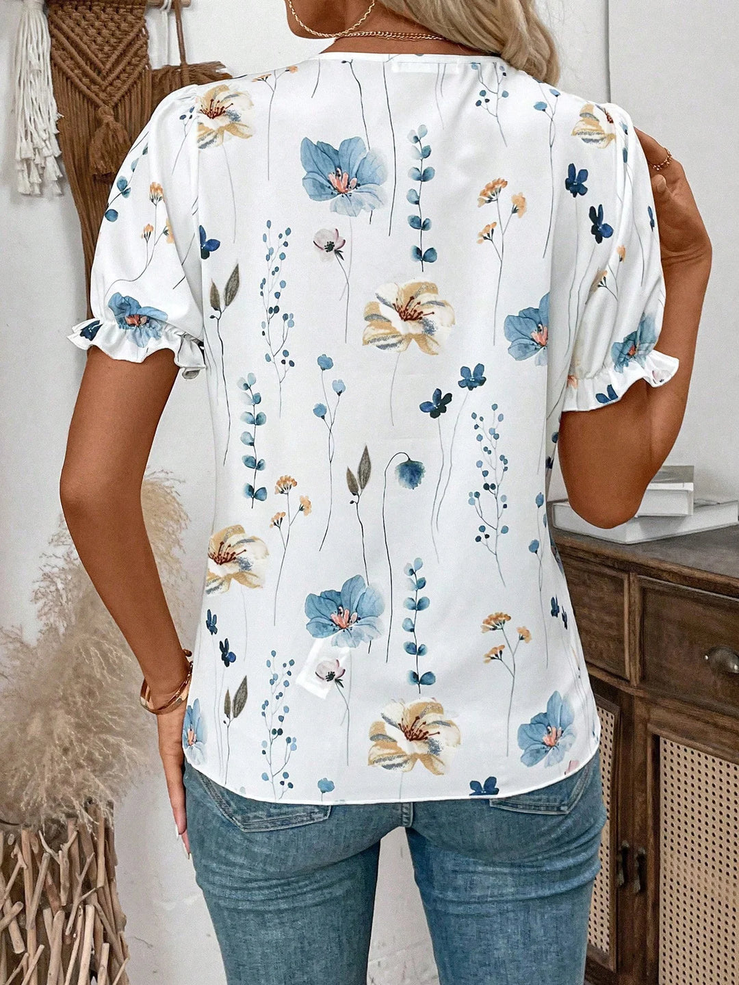 Womens Vacation Floral Print Contrast Lace Puff Sleeve Short Sleeve Shirt Top