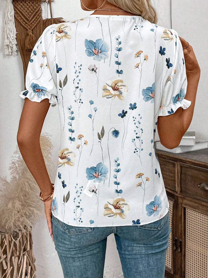 Womens Vacation Floral Print Contrast Lace Puff Sleeve Short Sleeve Shirt Top