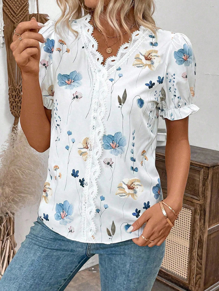 Womens Vacation Floral Print Contrast Lace Puff Sleeve Short Sleeve Shirt Top