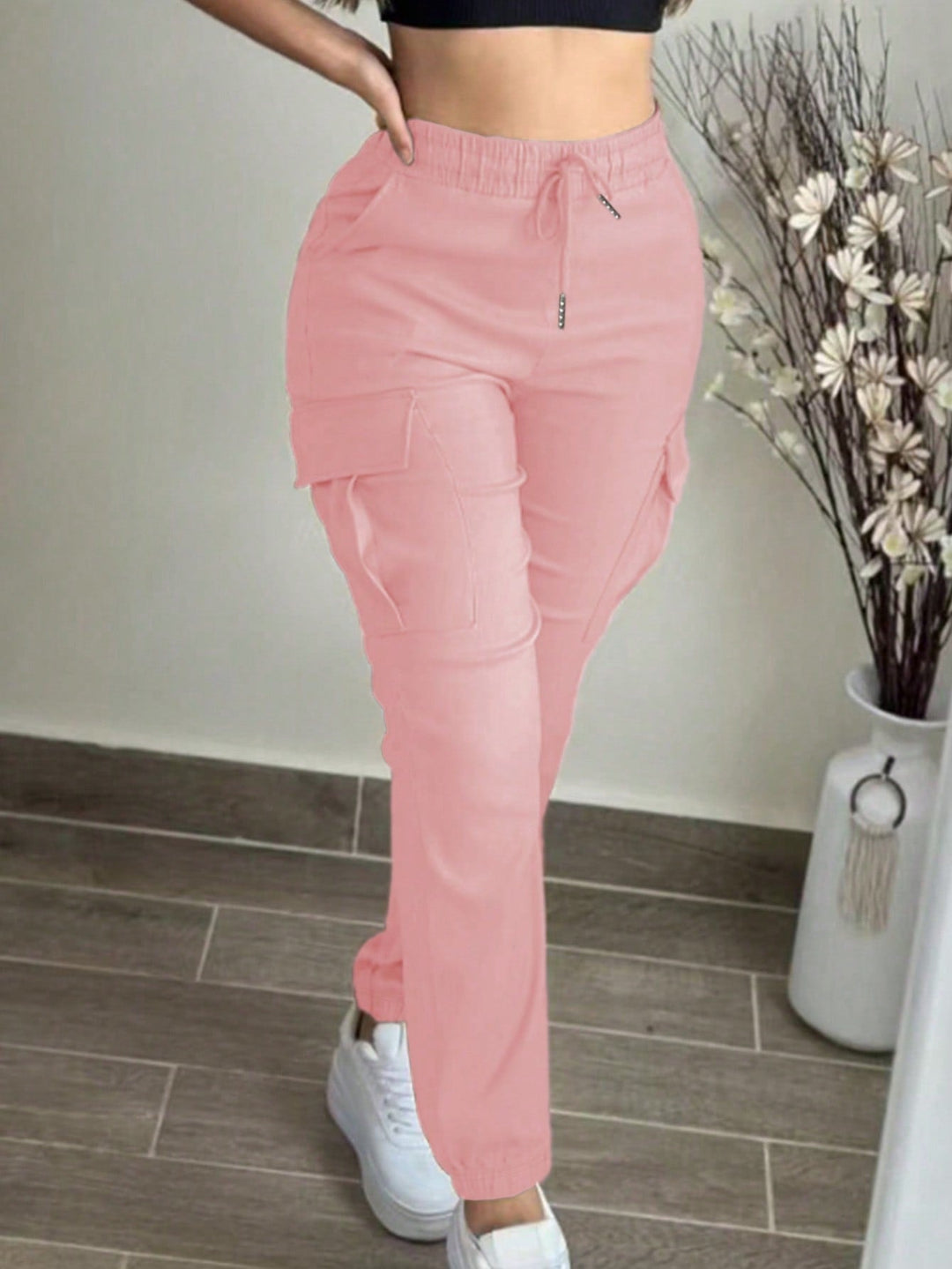Casual Solid Color Simple Pocket Elastic Waist Drawstring Cargo Pants