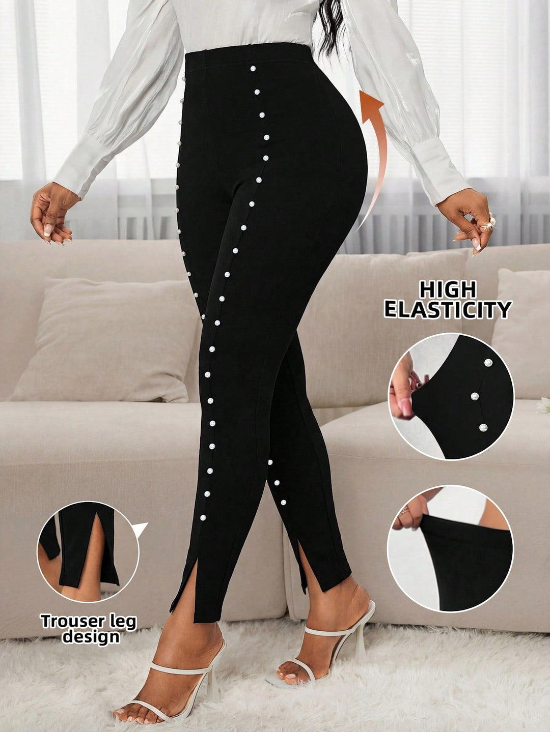 Women’s High Waist Beaded Slit Hem Dark Green Leggings