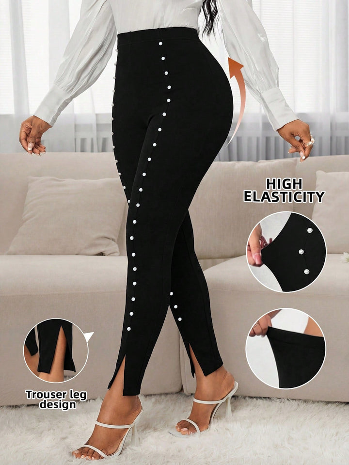 Women’s High Waist Beaded Slit Hem Dark Green Leggings
