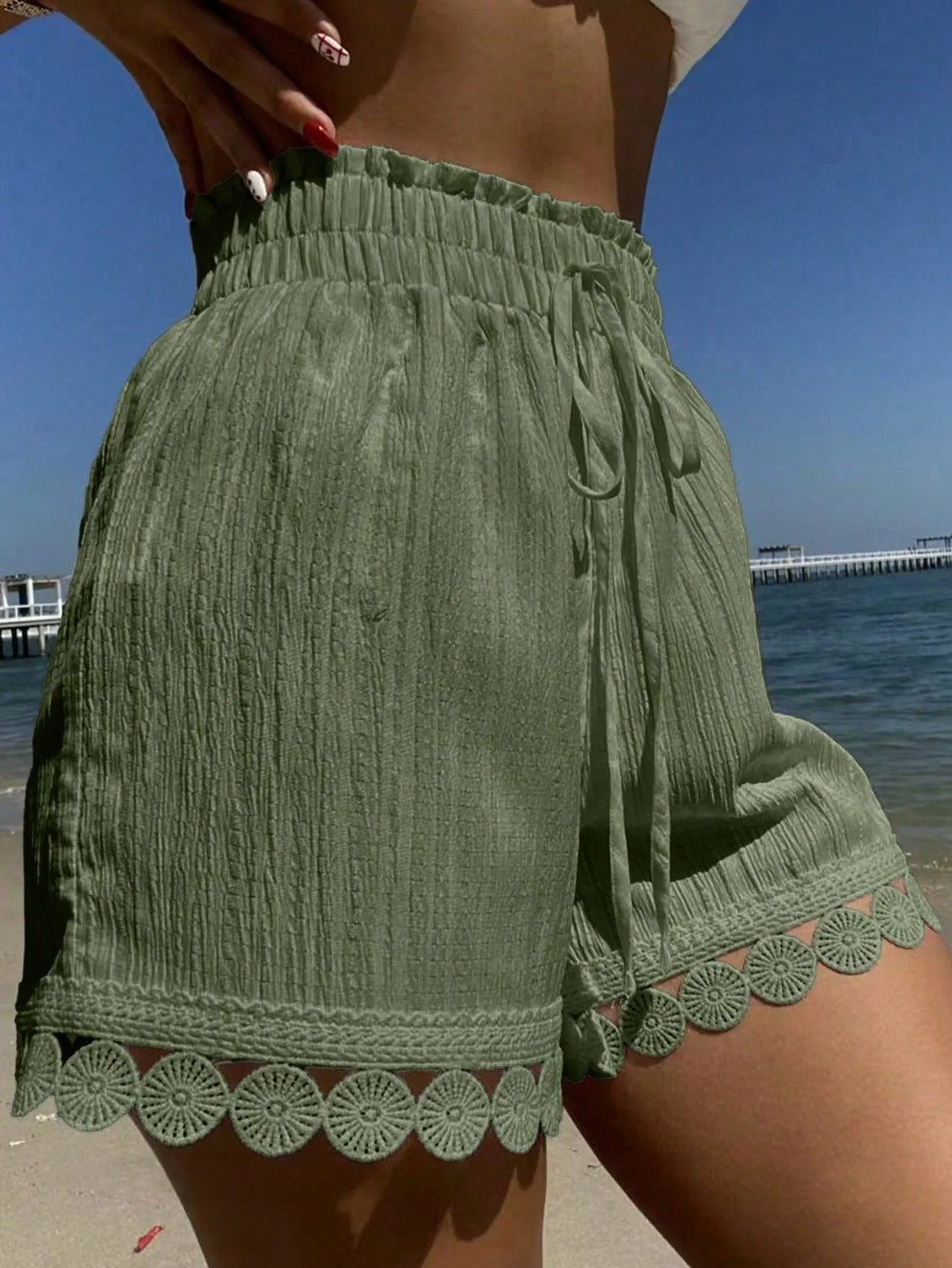 Women Beach Vacation Summer Swim Vcay Lace Trim Tie Waist Shorts