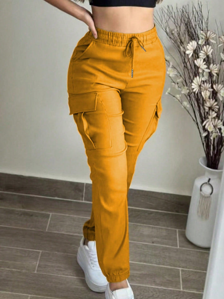 Casual Solid Color Simple Pocket Elastic Waist Drawstring Cargo Pants
