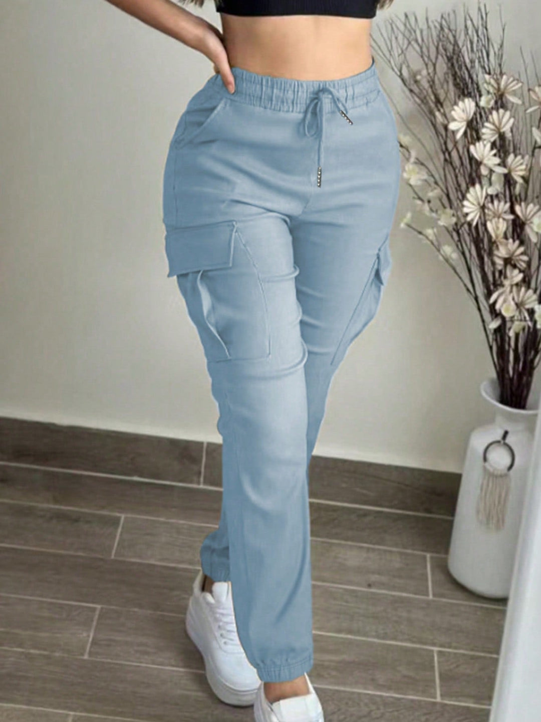 Womens Solid Cargo Pants Elastic Waist Drawstring Pocket Casual Spring