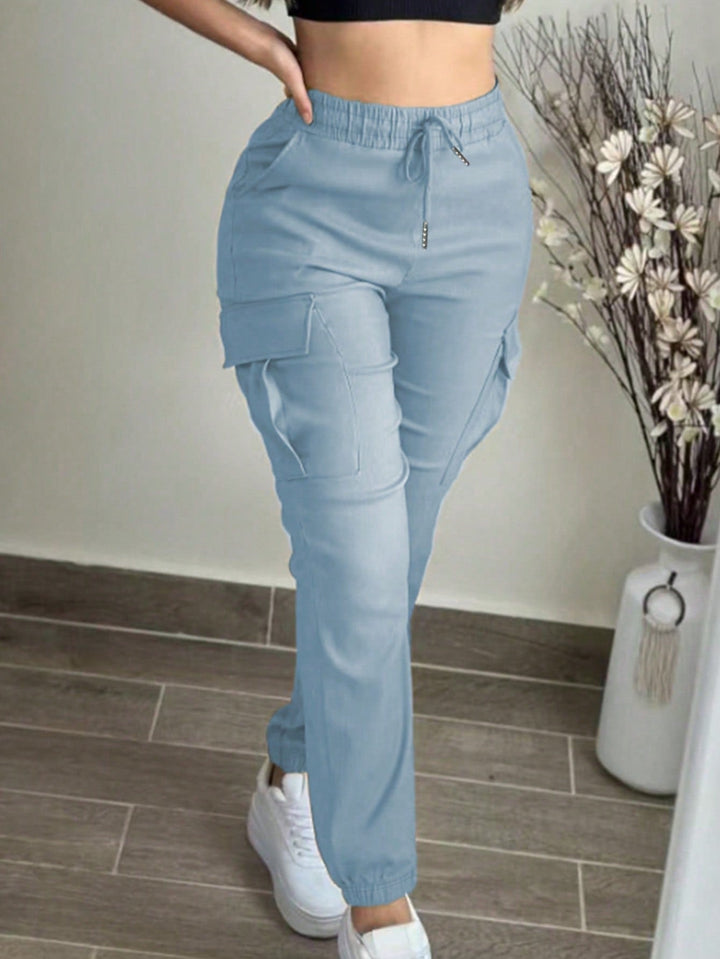 Womens Solid Cargo Pants Elastic Waist Drawstring Pocket Casual Spring