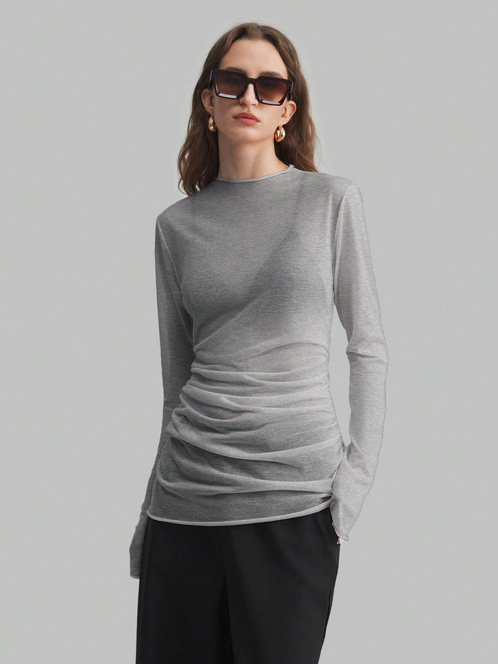 Women’s Sheer Mesh High Neck Long Sleeve Blouse – Versatile Style