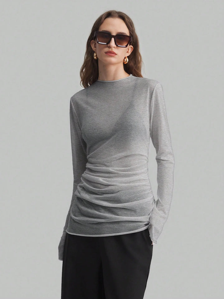 Women’s Sheer Mesh High Neck Long Sleeve Blouse – Versatile Style