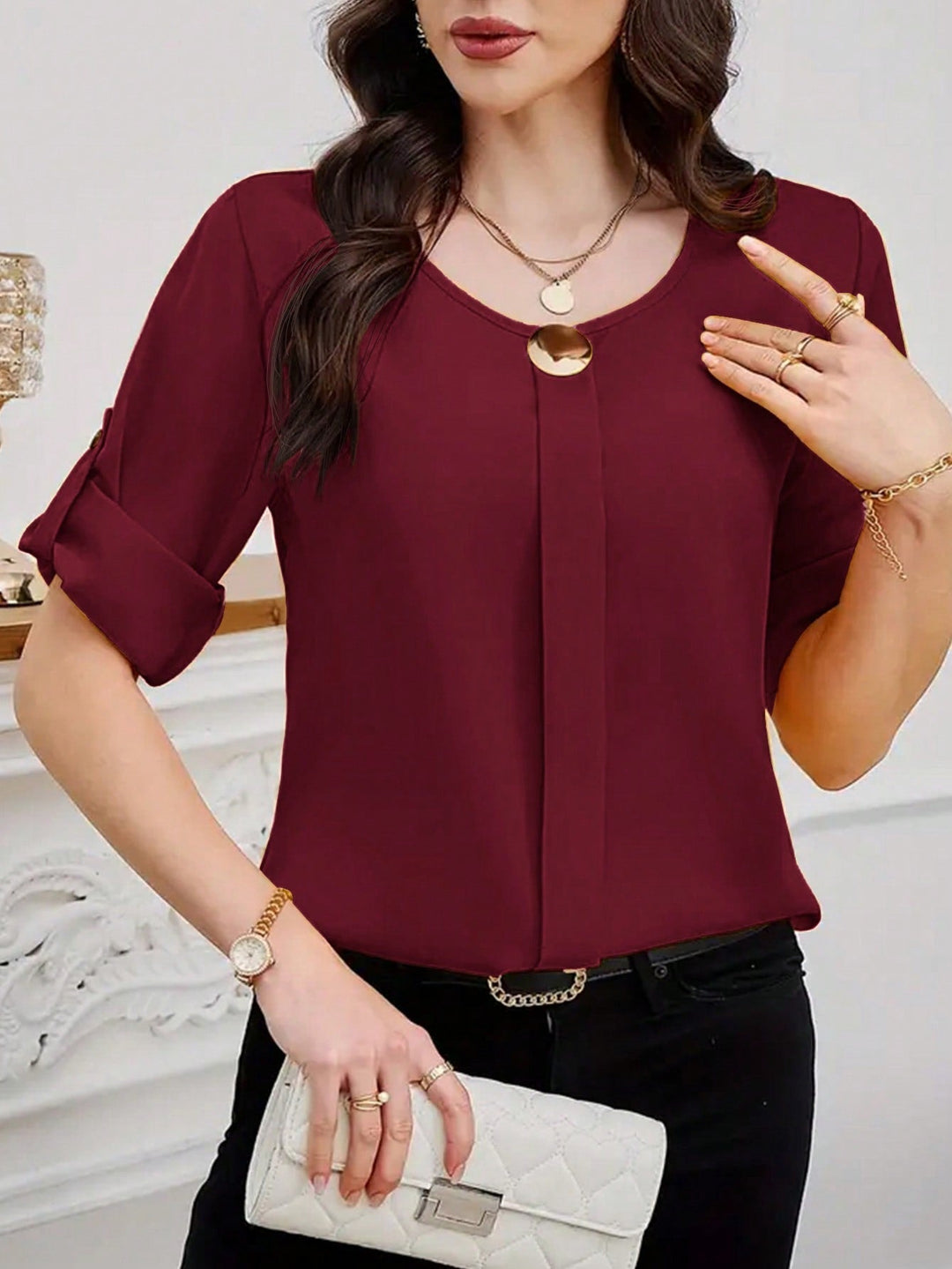 Womens Plain Round Neck Short Sleeve Button Front Casual Blouse