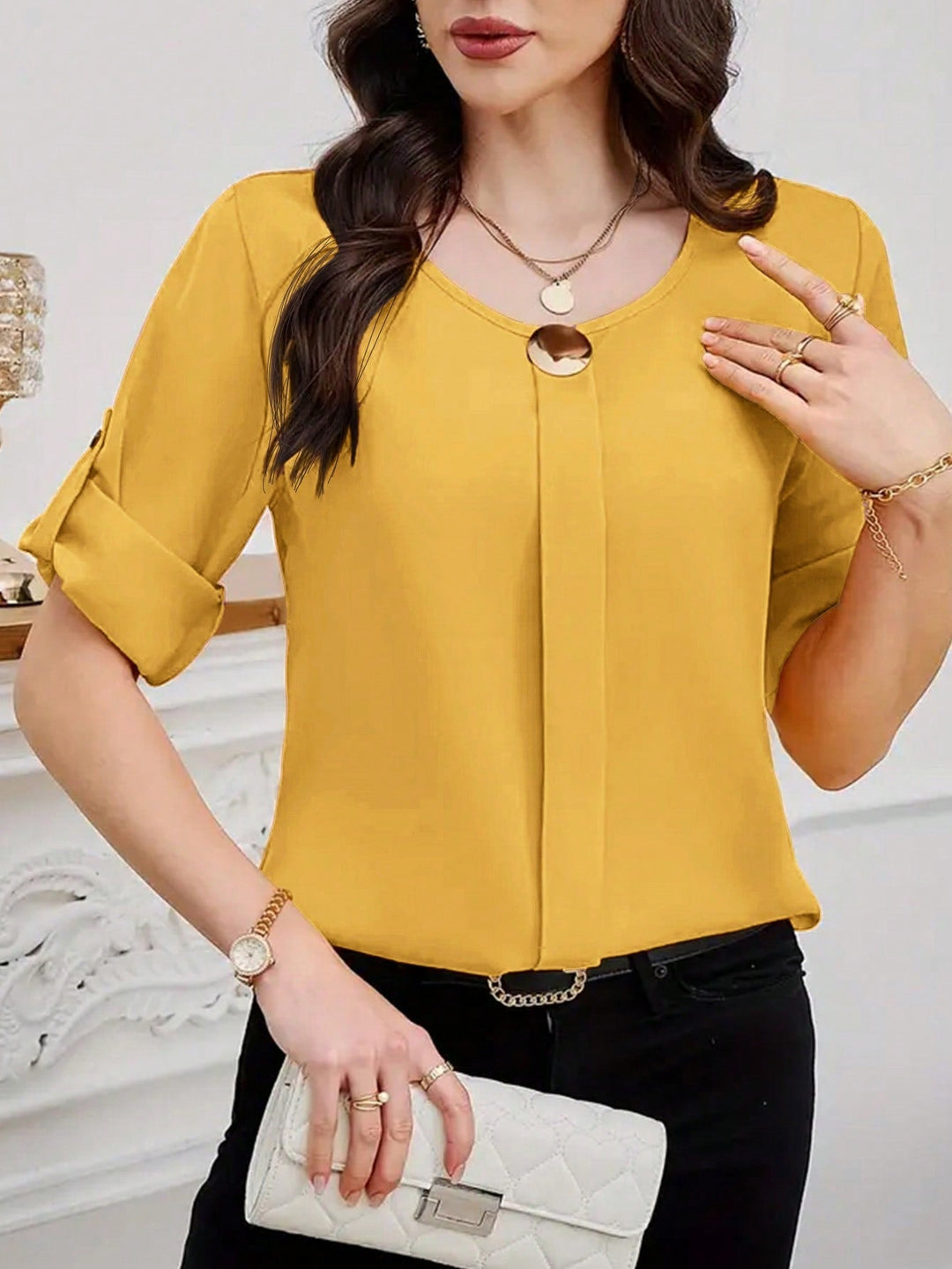 Womens Plain Round Neck Short Sleeve Button Front Casual Blouse