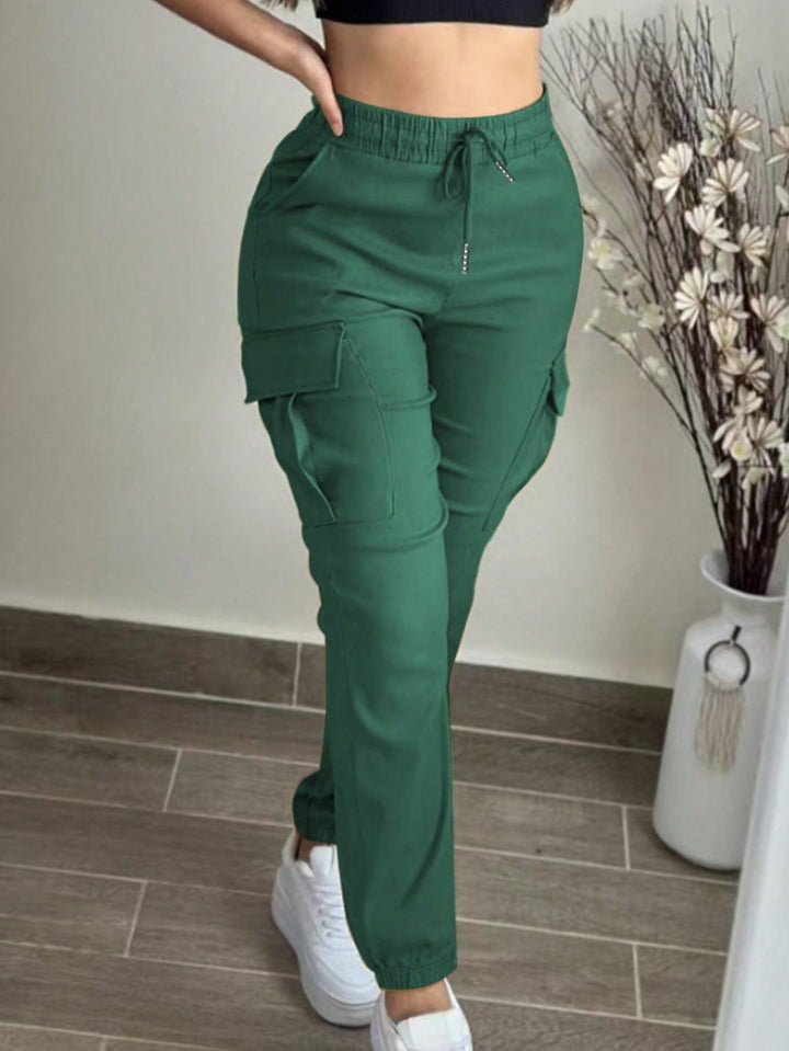 Casual Solid Color Simple Pocket Elastic Waist Drawstring Cargo Pants
