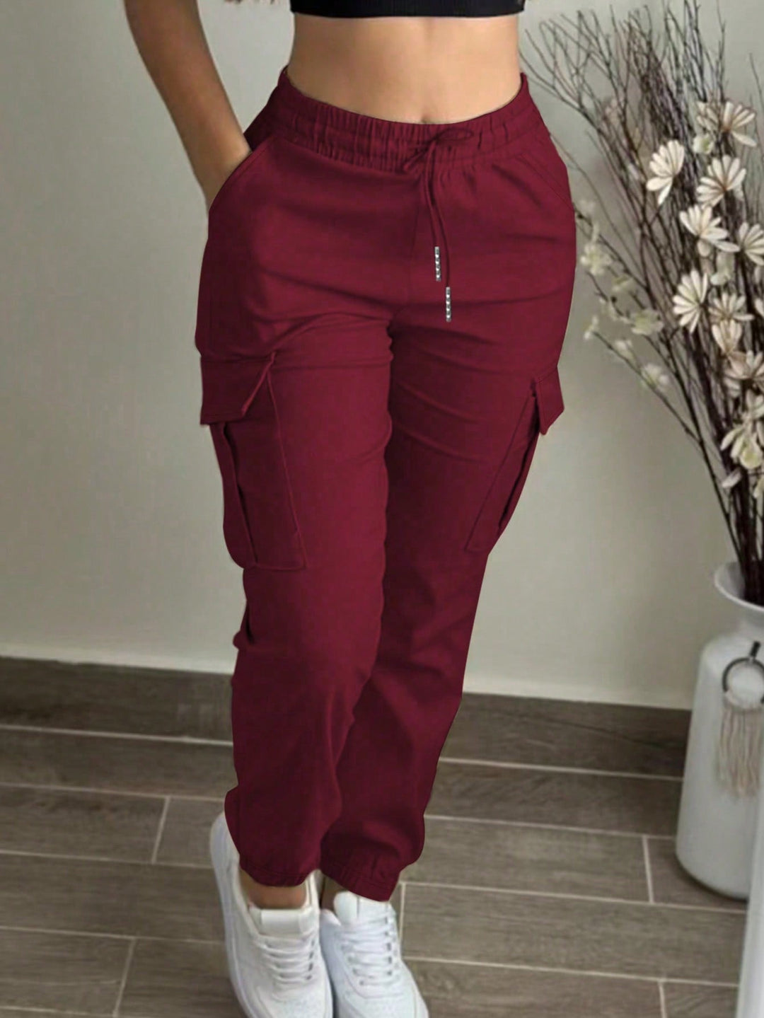Casual Solid Color Simple Pocket Elastic Waist Drawstring Cargo Pants