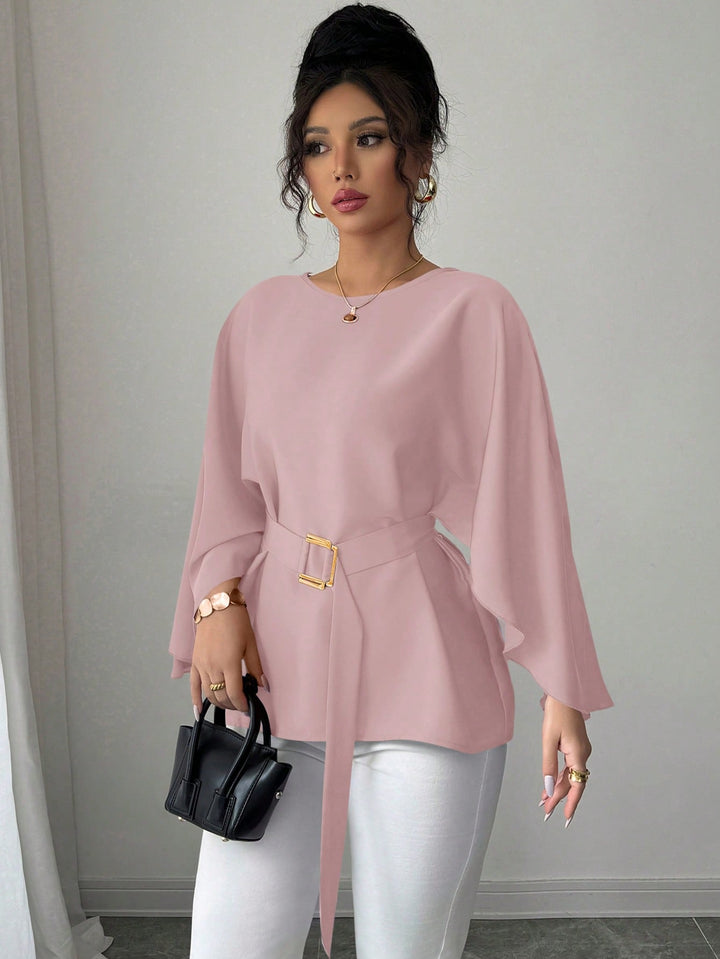 Womens French Style Shiny Red Batwing Sleeve Waist Tie Blouse Spring Summer Top