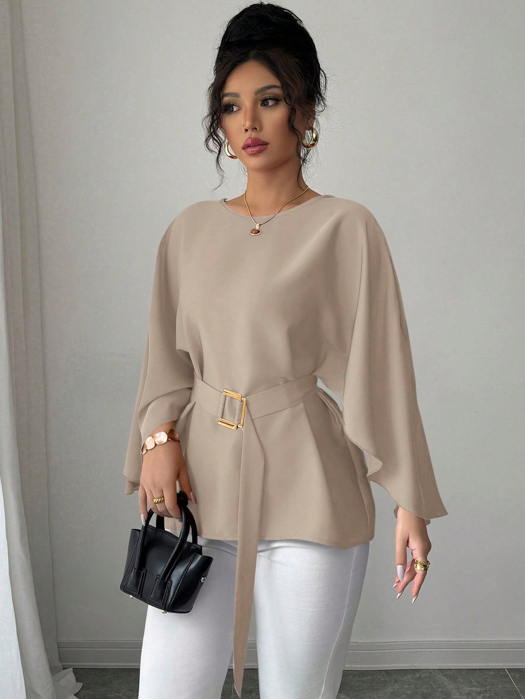 Womens French Style Shiny Red Batwing Sleeve Waist Tie Blouse Spring Summer Top