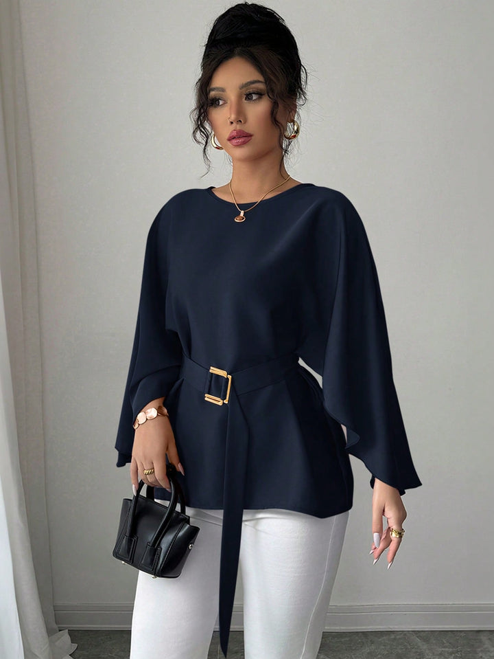 Womens French Style Shiny Red Batwing Sleeve Waist Tie Blouse Spring Summer Top