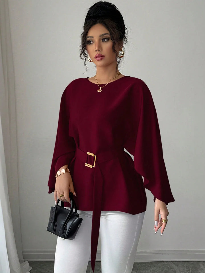 Womens French Style Shiny Red Batwing Sleeve Waist Tie Blouse Spring Summer Top