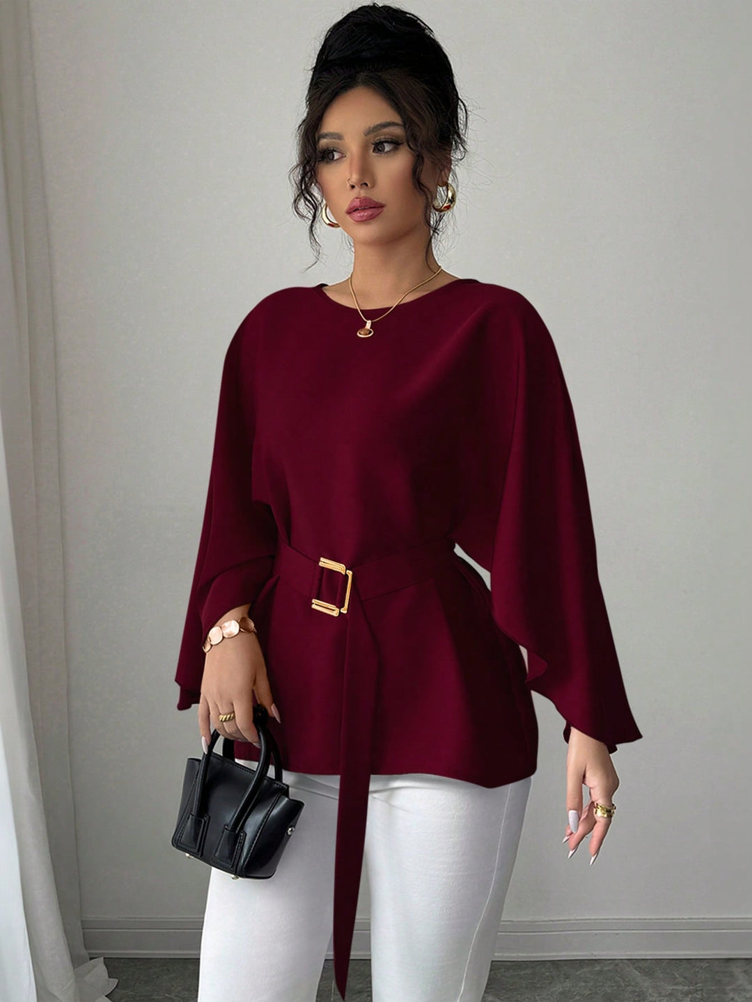 Womens French Style Shiny Red Batwing Sleeve Waist Tie Blouse Spring Summer Top