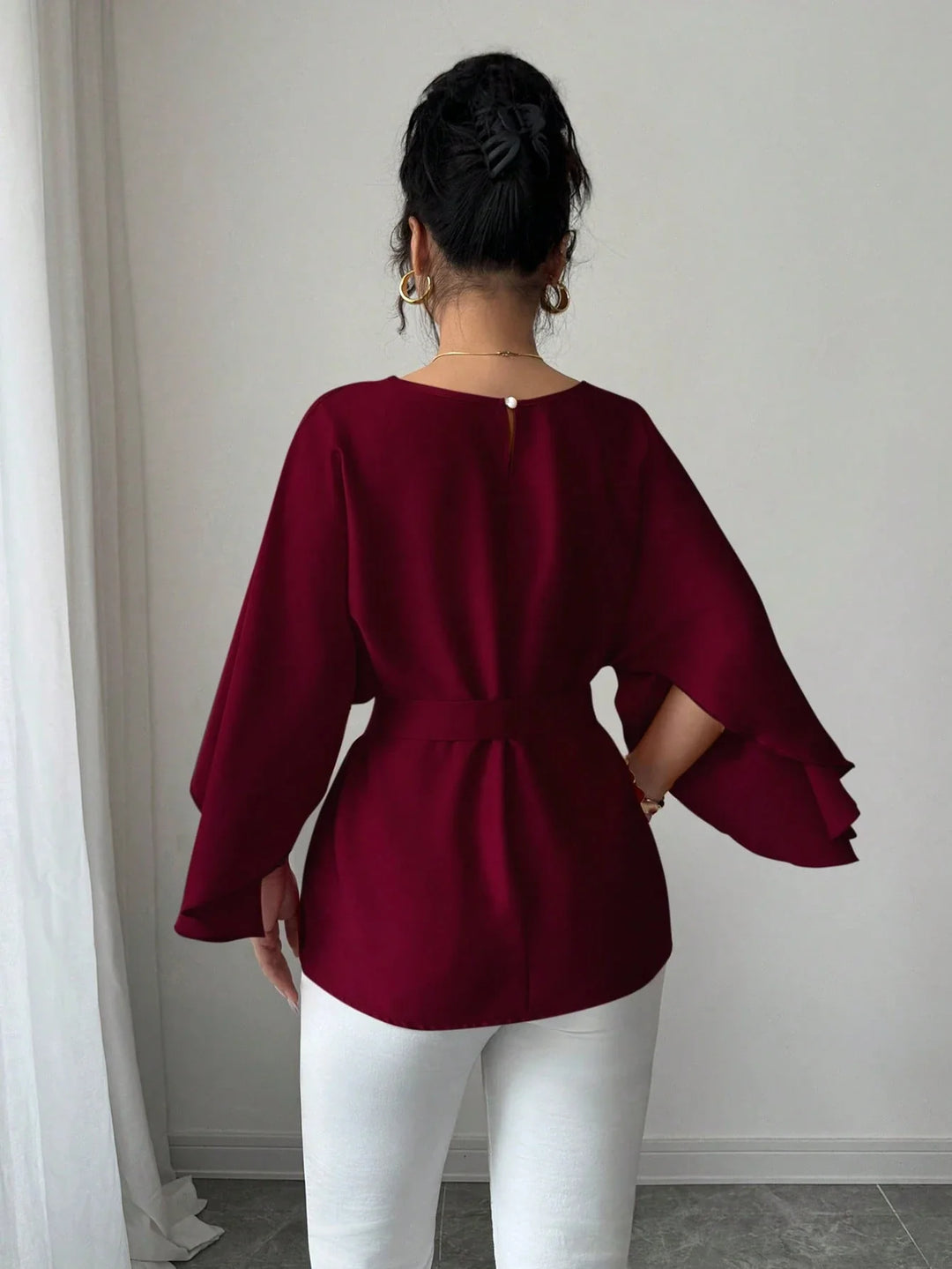 Womens French Style Shiny Red Batwing Sleeve Waist Tie Blouse Spring Summer Top