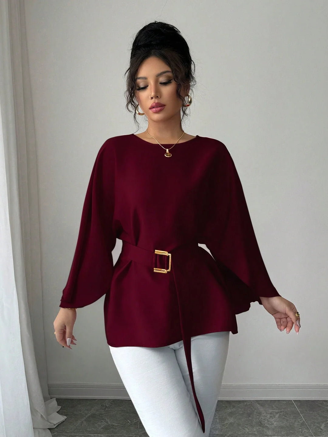 Womens French Style Shiny Red Batwing Sleeve Waist Tie Blouse Spring Summer Top