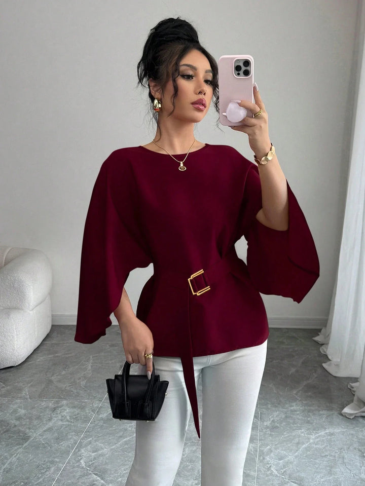Womens French Style Shiny Red Batwing Sleeve Waist Tie Blouse Spring Summer Top
