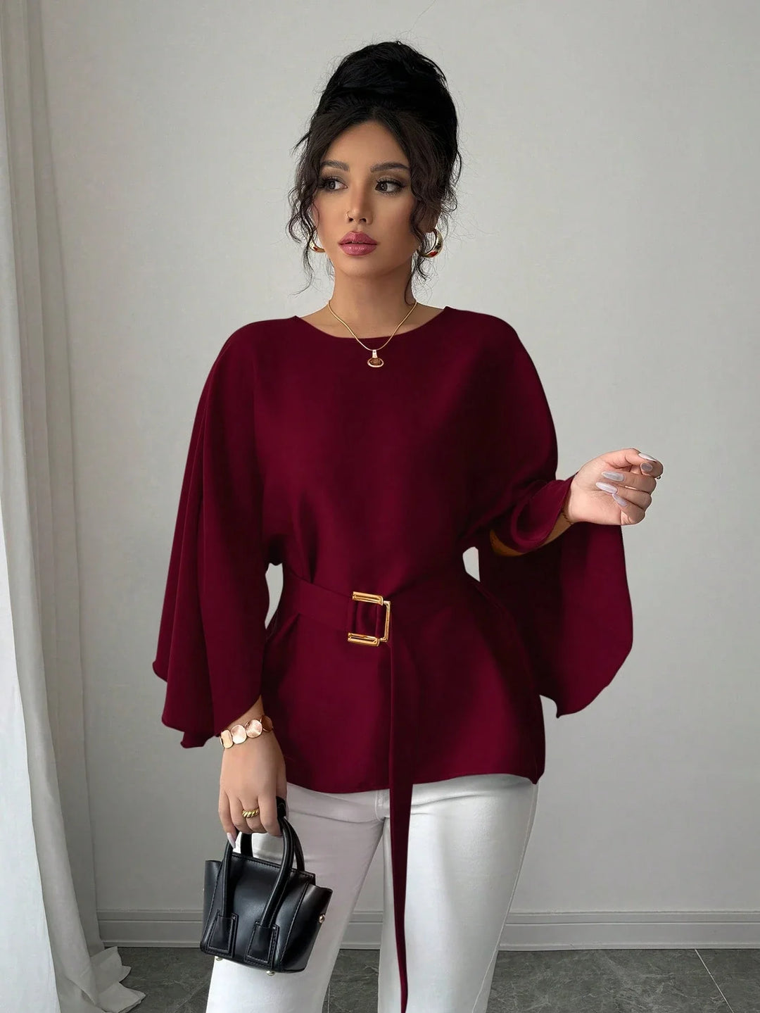 Womens French Style Shiny Red Batwing Sleeve Waist Tie Blouse Spring Summer Top