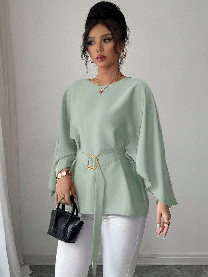 Womens French Style Shiny Red Batwing Sleeve Waist Tie Blouse Spring Summer Top