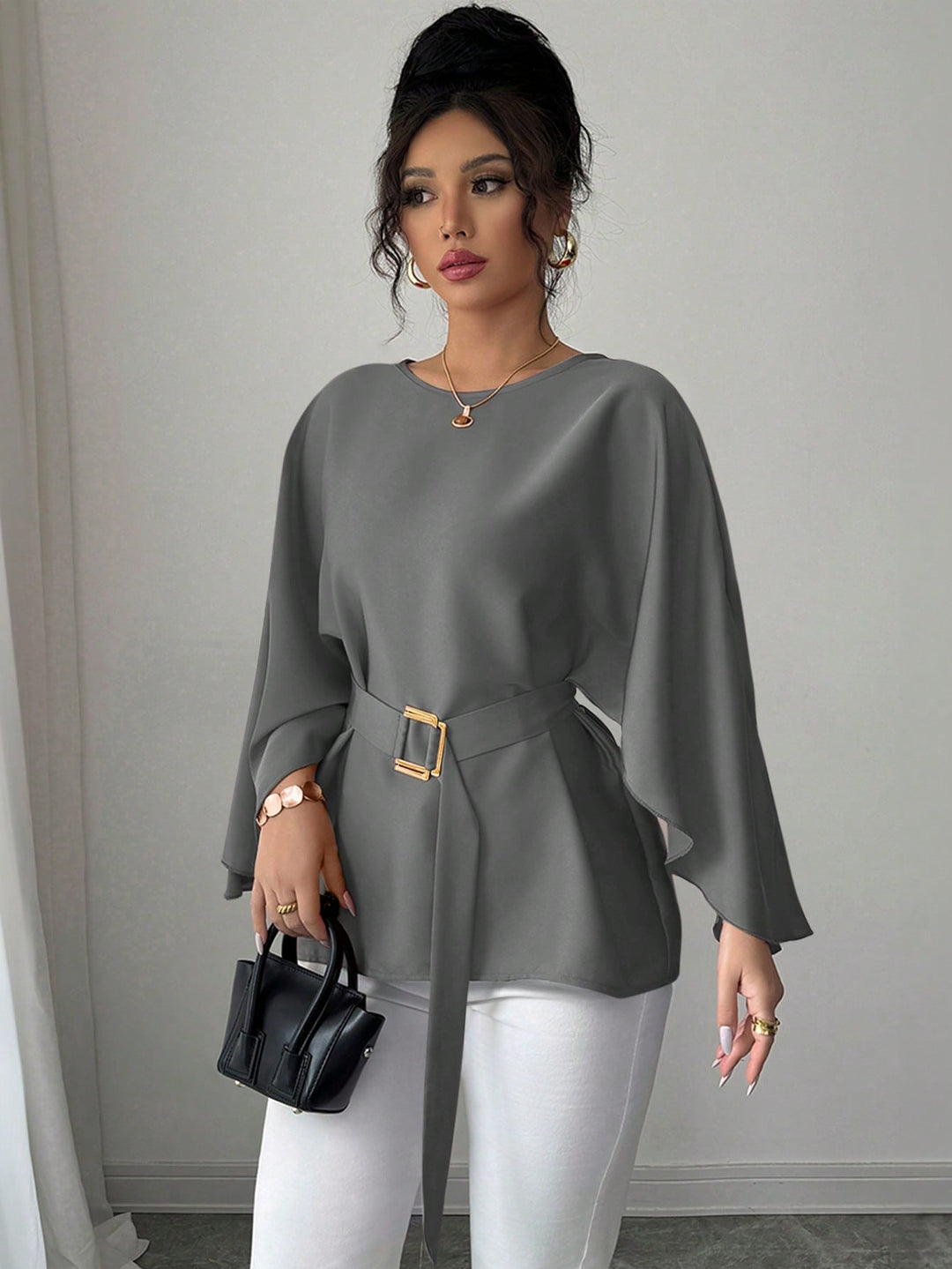 Womens French Style Shiny Red Batwing Sleeve Waist Tie Blouse Spring Summer Top
