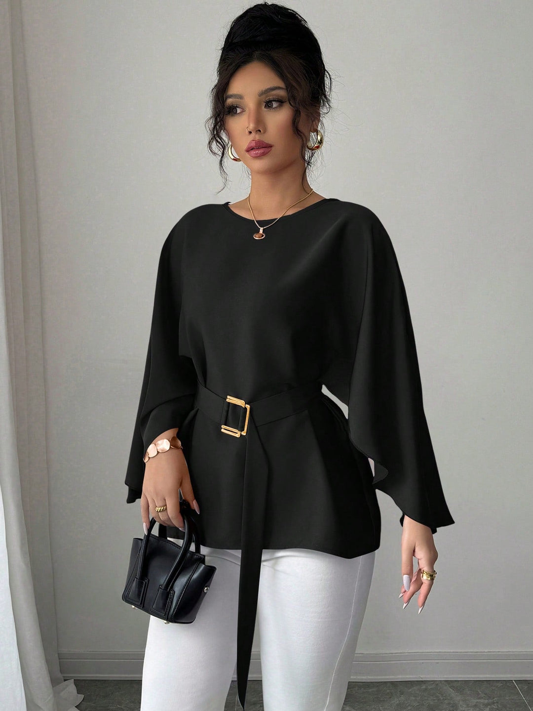 Womens French Style Shiny Red Batwing Sleeve Waist Tie Blouse Spring Summer Top