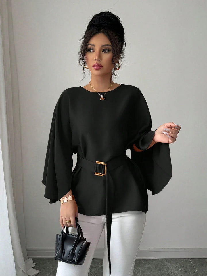 Women’s French Style Round Neck Flutter Sleeve Top