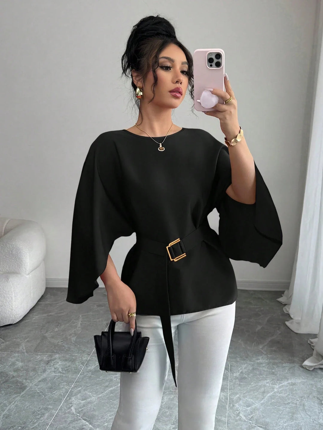 Women’s French Style Round Neck Flutter Sleeve Top